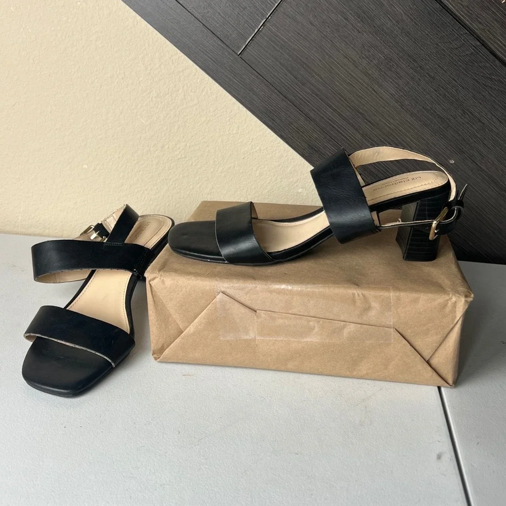 Liz Claiborne Women's Block Heel Sandals‎ Black Ankle Strap Size 7.5 NWOT